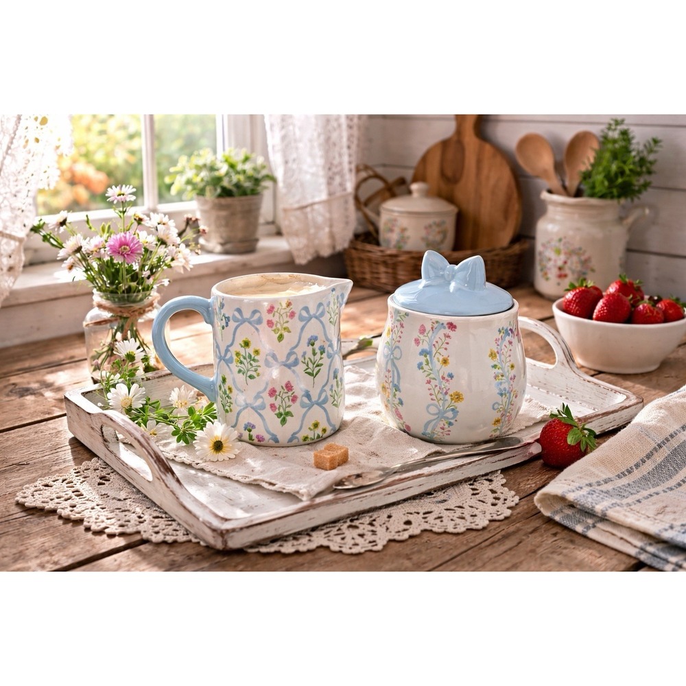 Blue Bows & Floral Creamer Pitcher And Matching Sugar Bowl Viral spring decor